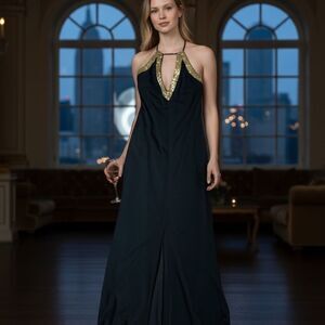 NWT Camille La Vie Black/Gold Sequin V-neck Halter Maxi Gown Dress size 8
